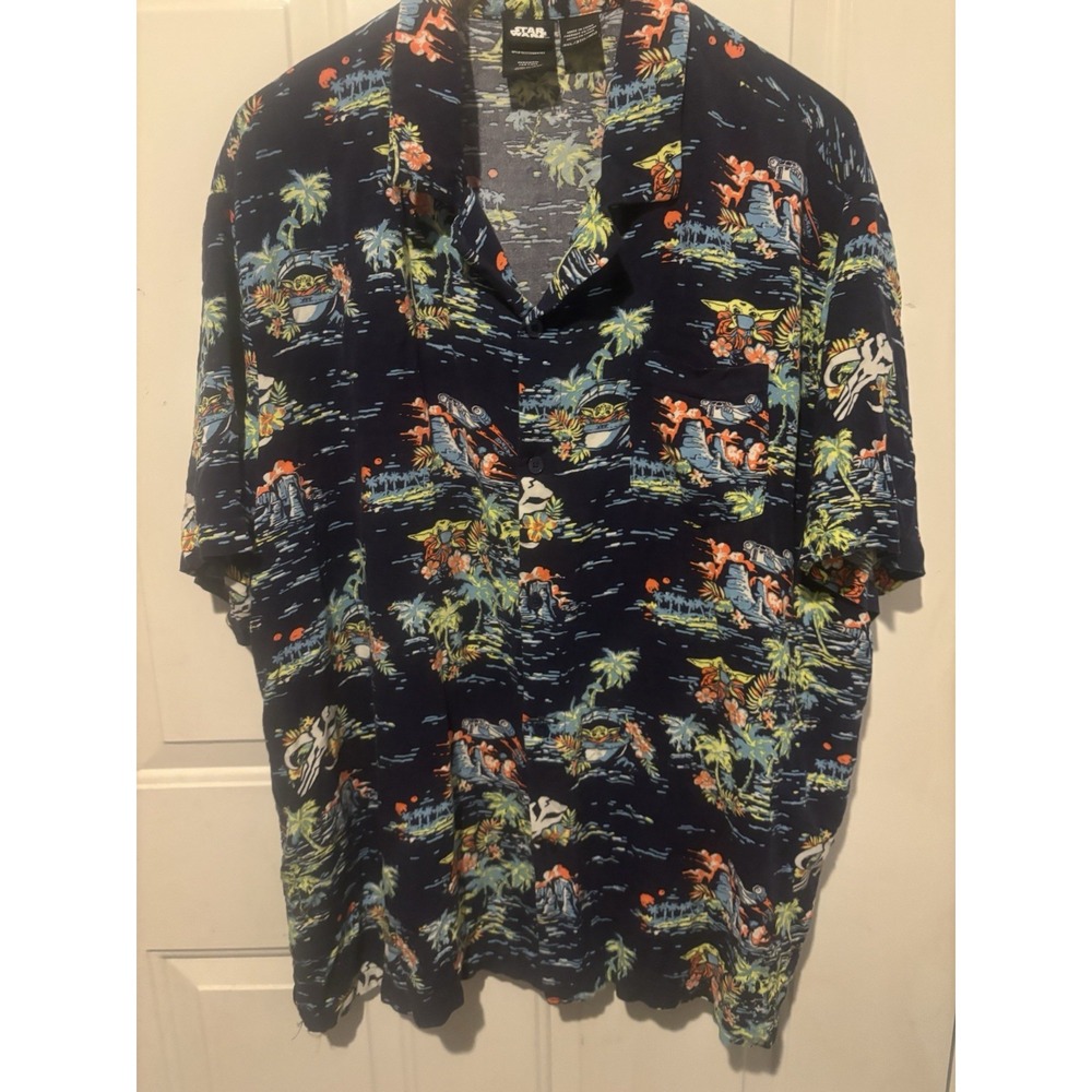 Star Wars Tropical Baby Yoda Grogu Rayon Navy Hawaiian Button Down Shirt 3XL‎